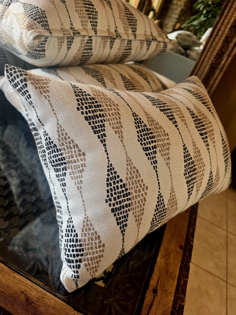 Sunbrella Throw Pillows with Black and Brown Geometric Patterns 4